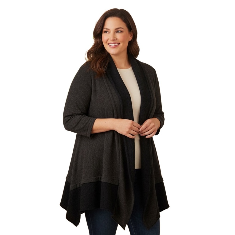 CYNTHIA ROWLEY 2X Gray Black Layered Ruffle Cardigan Sweater R $325 - Picture 3 of 16